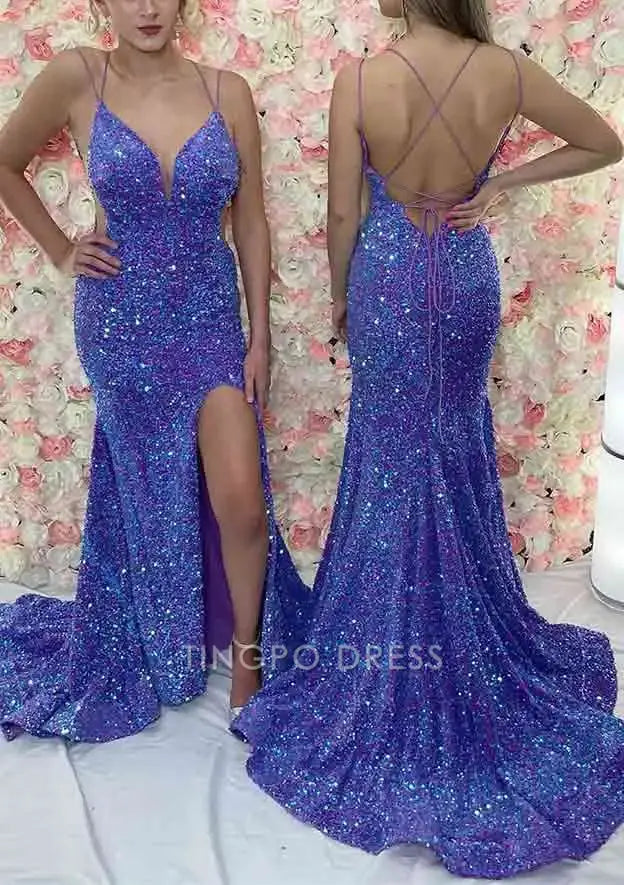 TingPo Wholesale Elegant Trumpet/Mermaid V Neck Sleeveless Court Train Velvet Sequins Prom Dress With Split